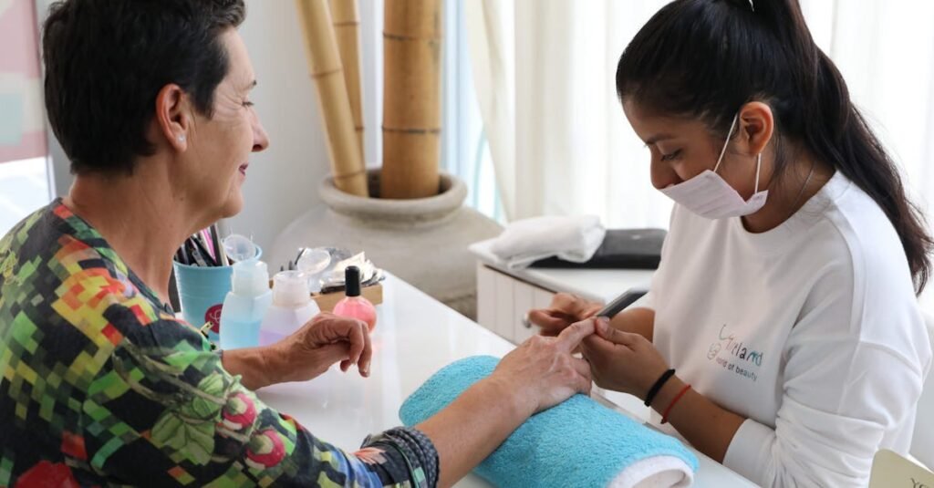Woman enjoying a relaxing manicure in a peaceful salon setting.